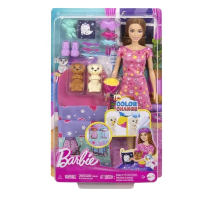 Barbie Păpușă Barbie Family Set Petrecere cu 2 Catelusi Color Change