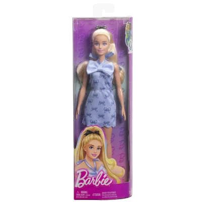 Barbie Fashionistas Păpușă Barbie Blondă cu Rochie Albastra cu Fundite