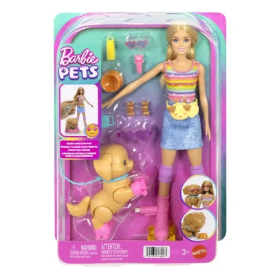Barbie Pets Set Păpușă Barbie cu Patine cu Rotile Catel Si Accesorii