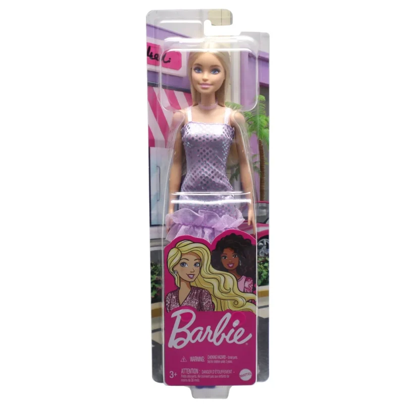 Păpușă Barbie Tinute Strălucitoare Blondă cu Rochiță Mov