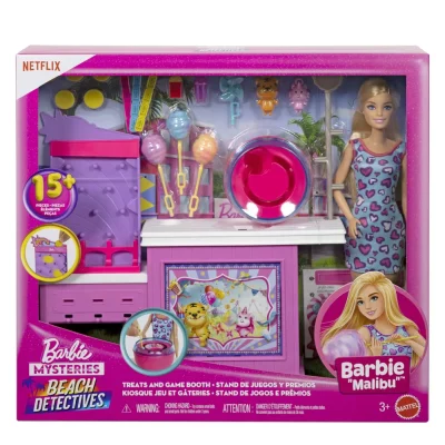 Barbie Mysteries Detectivi Pe Plaja Set Cabina de Jocuri Si Păpușă Barbie Malibu cu Accesorii
