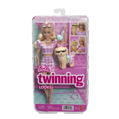 Barbie Twinning Looks Set Păpușă Barbie Blondă Si Catel cu Accesorii